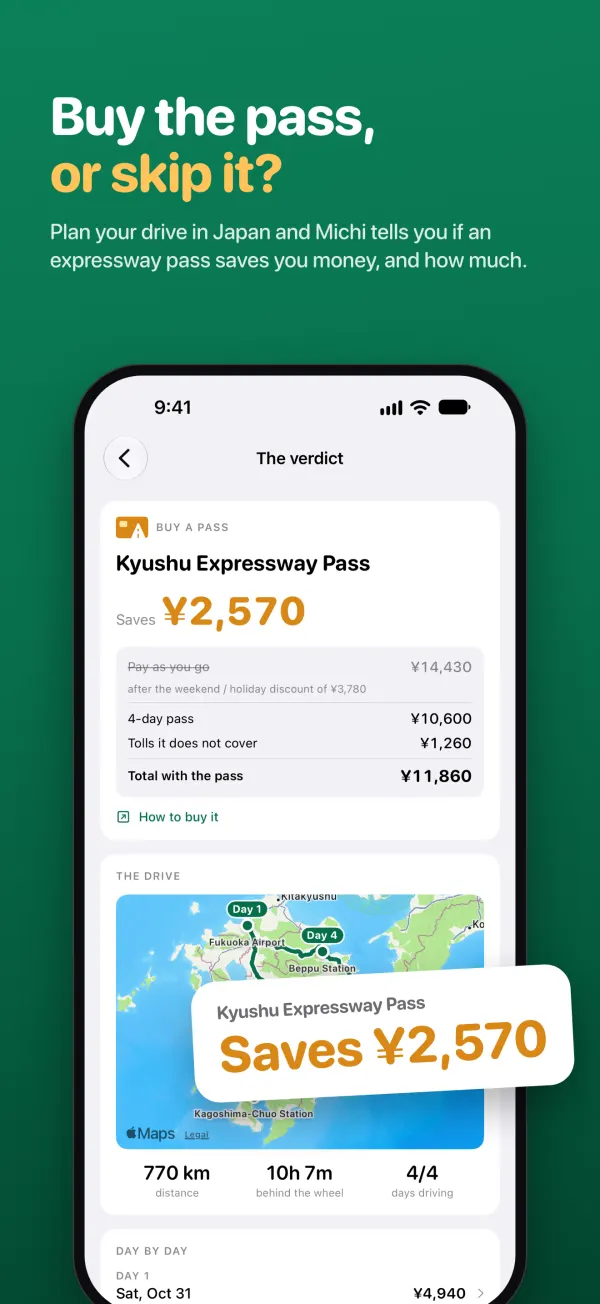 Buy the pass, or skip it? Plan your drive in Japan and Michi tells you if an expressway pass saves you money, and how much.