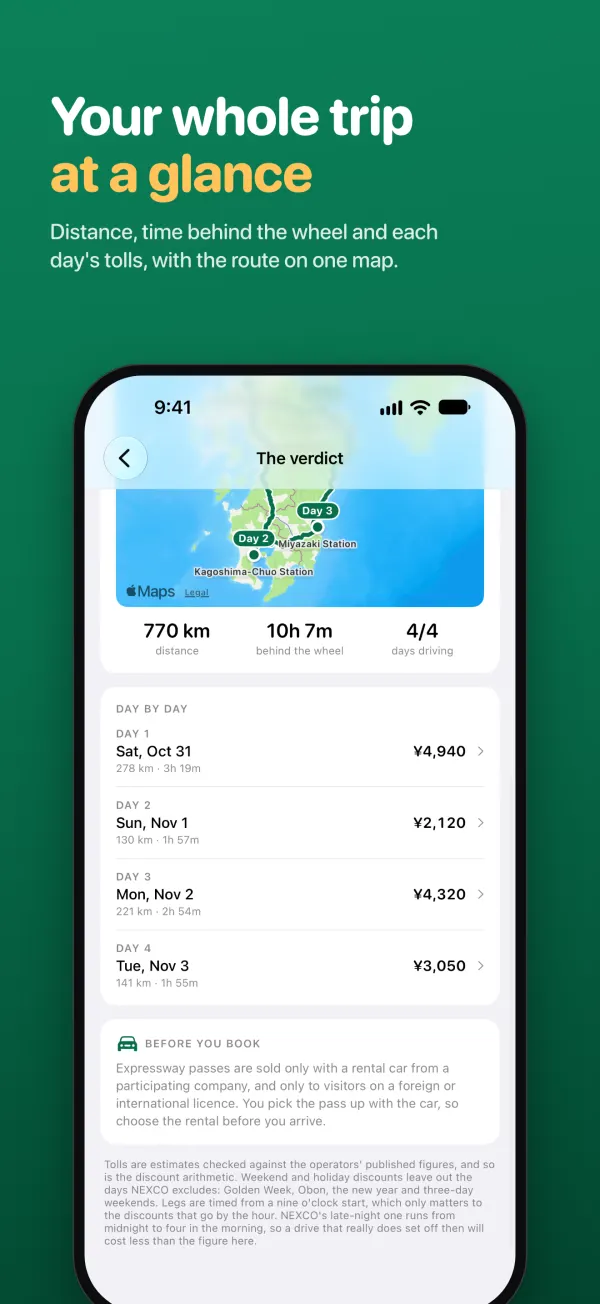 Your whole trip at a glance. Distance, time behind the wheel and each day's tolls, with the route on one map.