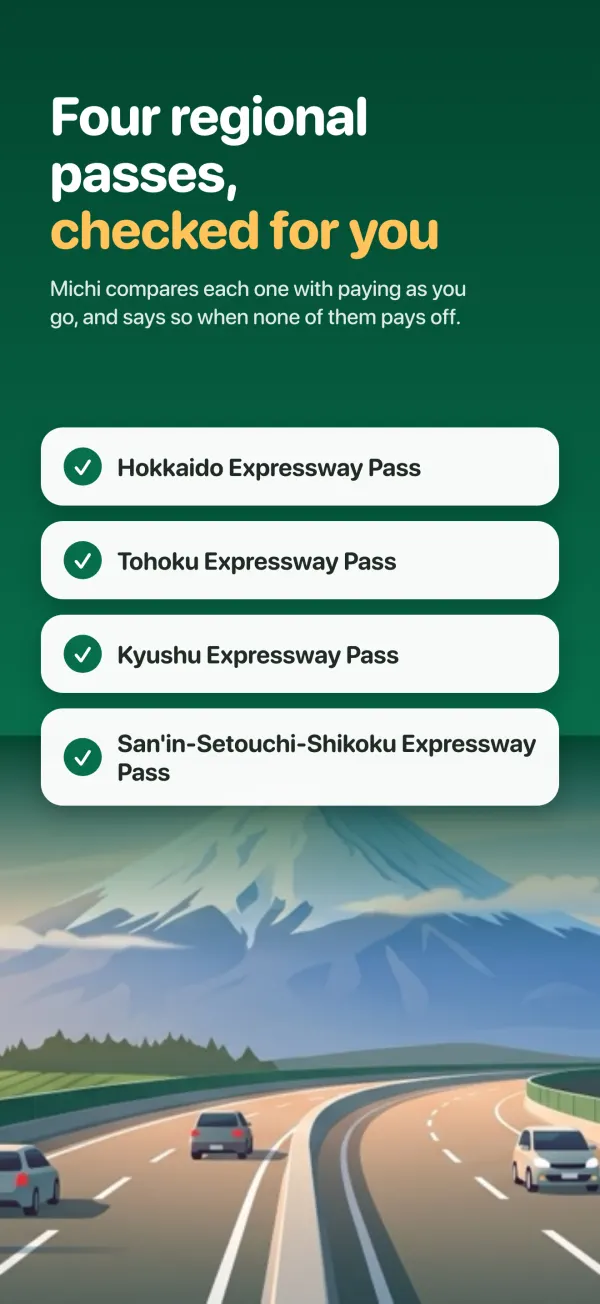 Four regional passes, checked for you. Michi compares each one with paying as you go, and says so when none of them pays off.