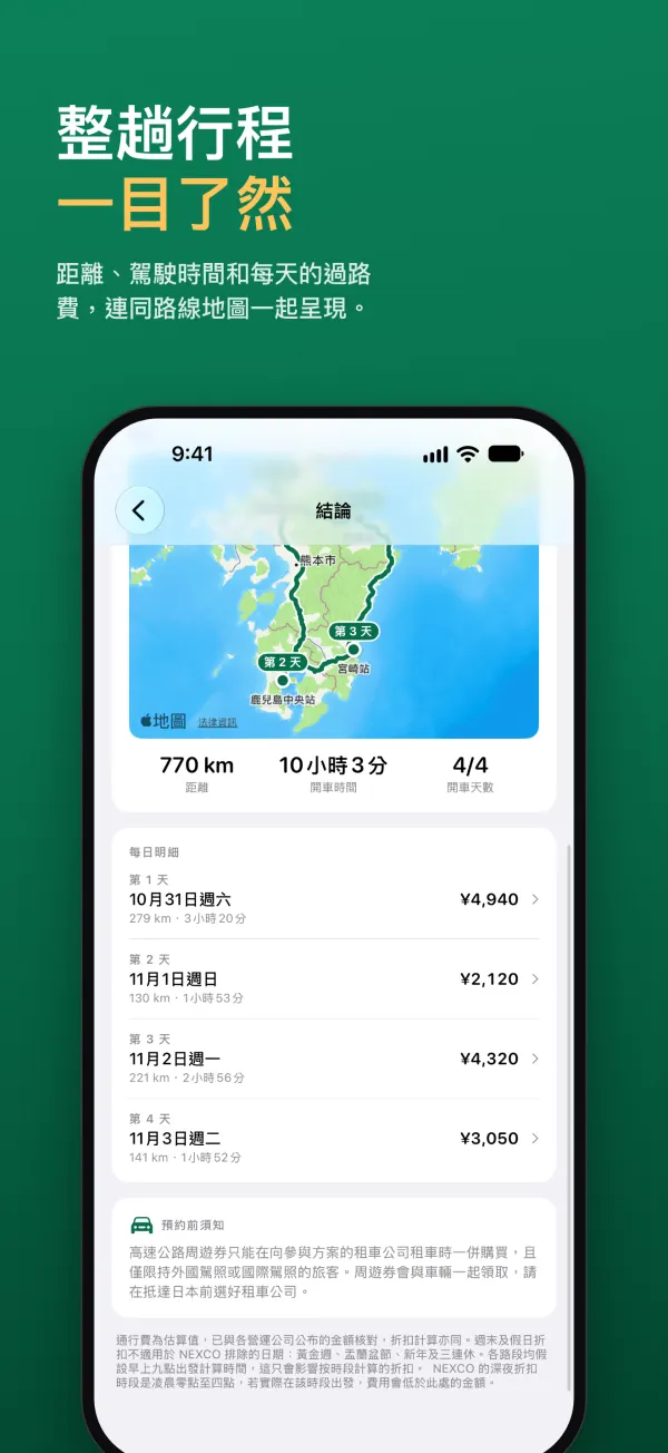 整趟行程一目了然:距離、駕駛時間和每天的過路費,連同路線地圖一起呈現。